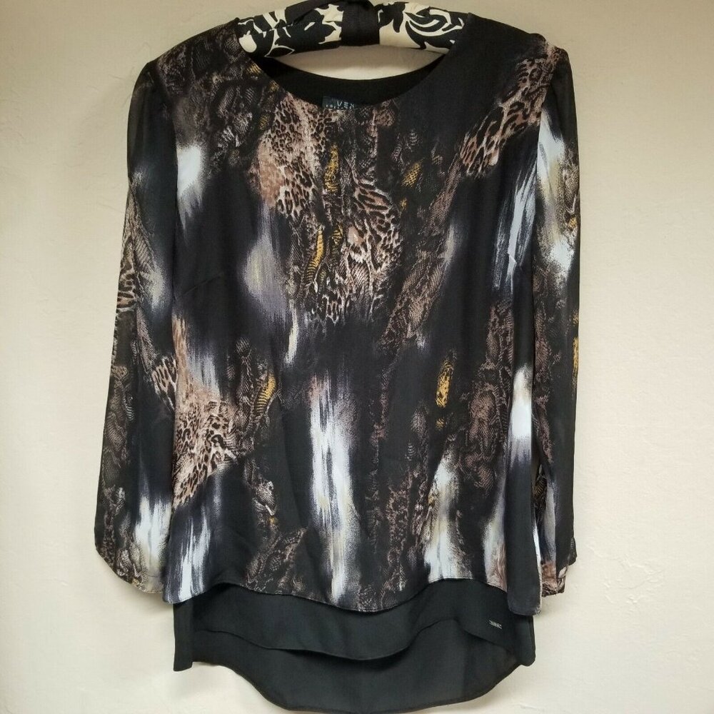 VEX Collection Women's Layered Top Blouse Size 34 Animal Print Black Long Sleeve
